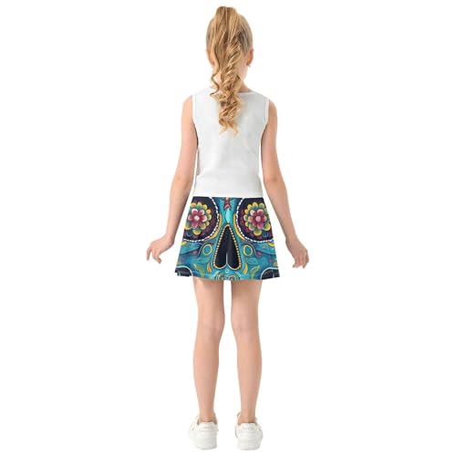 Tennis Skirts for Kids Floral Artistic Blue Skull Flowers Athletic Shorts Girls Skorts Clothes Teen Cheer 4t4