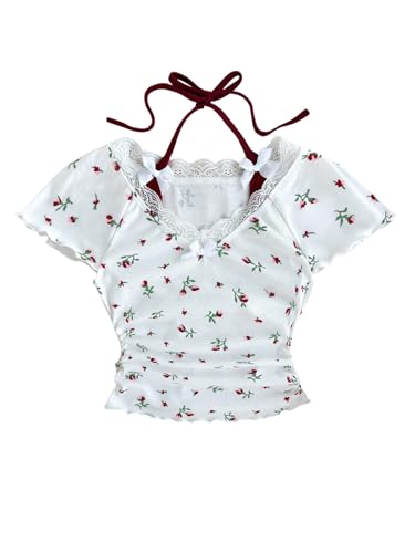 MakeMeChic Girl's Floral Lace Halter Tops V Neck Ruched Short Sleeve Lettuce Trim Cute Tee Shirt