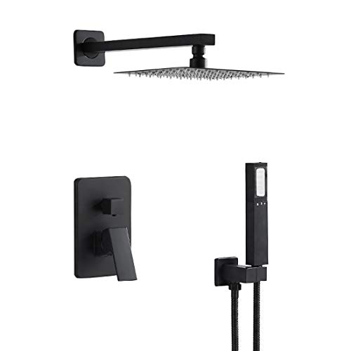 Morotel Shower System Black Bathroom Luxury Rain Mixer Shower Faucet Set Wall Mounted Rainfall Shower Combo Set with 3 Spray Setting Handheld,Black