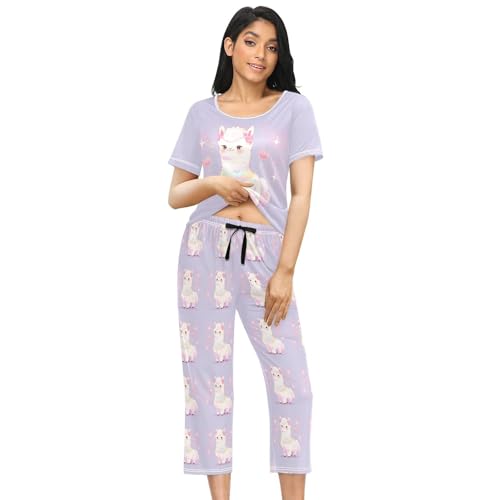 Womens Pajama Sets Two Piece Sleep Shirt Short Sleeve Cartoon Print Pj Set Tops with Pants S-XXL2