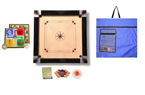Image of Superior Matte Finish Practice Carrom Board for Serious Professional Practice with Coins Striker and Powder Black New (35 Inch Ludo with Blue Cover K1)
