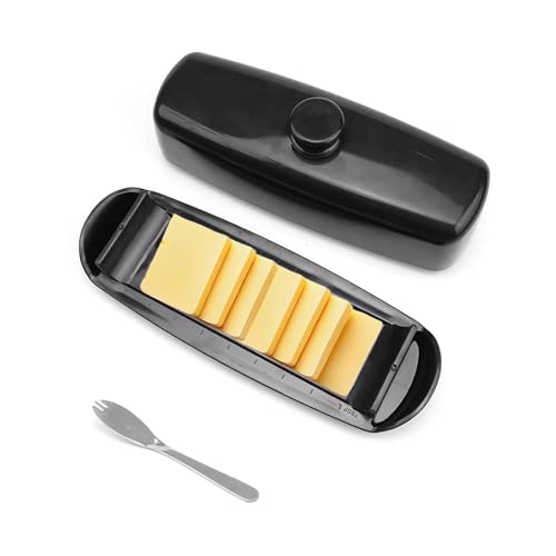0XBIT Mantequillera Francesa 19×6×5 cm Mantequillera Puede Contener 250 g Molde de Mantequilla con Tapa Hermética y Tenedor para Almacenar Mantequilla y Queso, Negro