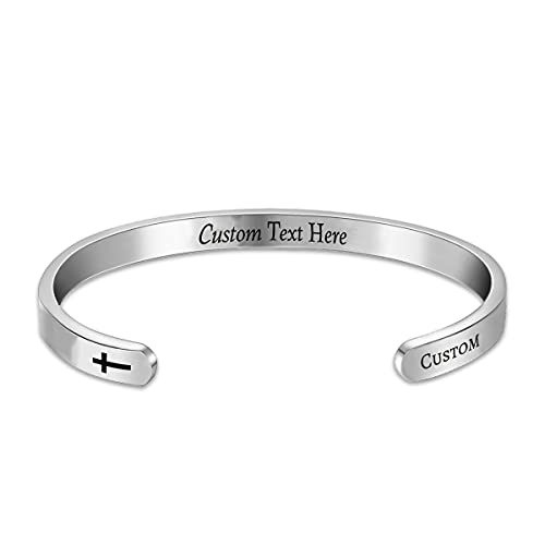 Q&Locket Cross Inspirational Bracelet Christian Gift for Women Personalized Custom Engraved Religious Holy Bible Verse Mens Name Cuff Bangle Bracelets Stainless Steel Mantra Jewelry