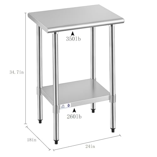 Image of ROCKPOINT Stainless Steel Table for Prep & Work 18x24 Inches, NSF Metal Commercial Kitchen Heavy Duty Table with Adjustable Under Shelf and Table Foot for Restaurant, Home and Hotel