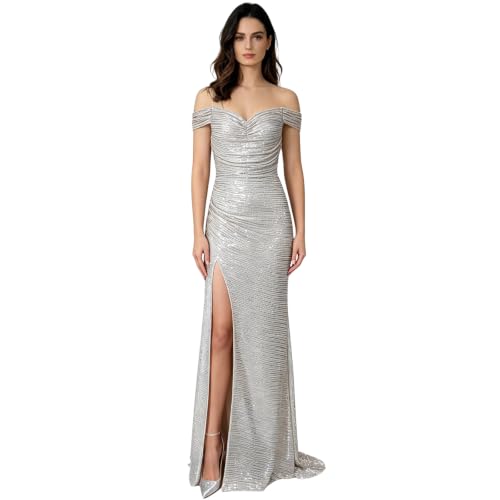 Yulestria Womens Sequin Cocktail Dress Off Shoulder Side Slit Maxi Gown