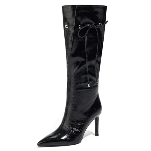 Women's Black Knee High Boots Wide Calf Pointed Toe Stilettos High Heel Pull On Boots