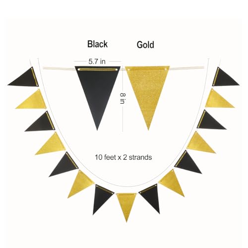Image of MOWO Gold Black Pennant Banner Paper Bunting, 30pc, 20 feet | Birthday Graduation Retirement New Year's Party Hanging Decoration