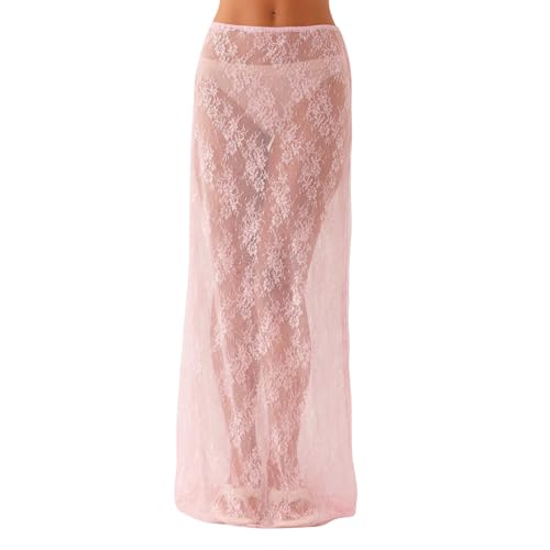 Y2K Lace Long Skirt Sheer See Through Beach Maxi Skirt Low Rise Satin Side Slit Skirt for Women Summer Streetwear