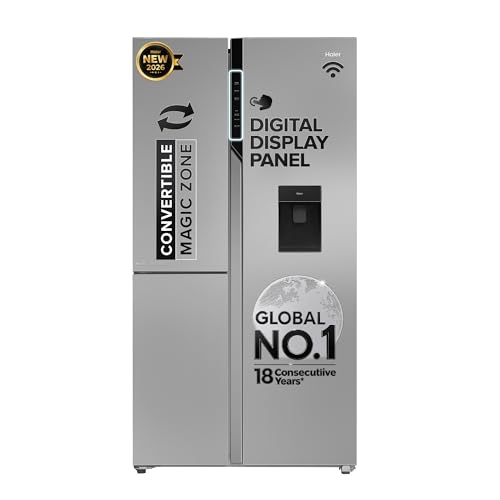 Image of Haier 592 L 3 Star Frost Free Expert Inverter Smart Sense AI enabled 3-Door Side by Side Refrigerator (HRT-683WISU1, Inox Steel, Magic Convertible, In-built Water Dispenser, 2026 Model)