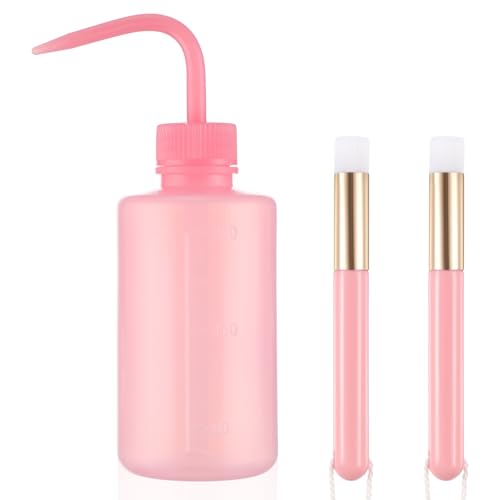 COMNICO Juego de botellas de enjuague para champú de pestañas, 1 botella de plástico de 250 ml y 2 cepillos de limpieza de pestañas para nariz facial, suministros de extensión de pestañas (rosa)