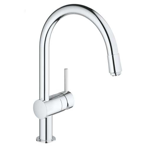 GROHE Robinet de Cuisine Minta, Plage de Rotation de 360°, Douchette Escamotable, Starlight, Basse Pression, Bec En C 32511000 (Import Allemagne)