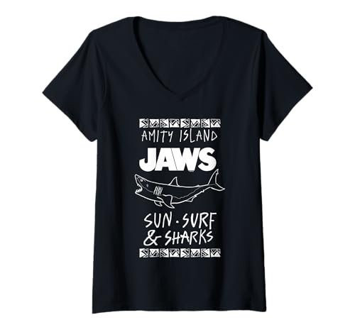 Femme Jaws Amity Island Sun Surf & Sharks T-Shirt avec Col en V