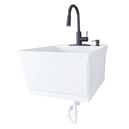 JS Jackson Supplies Tehila White Wall-Mounted Utility Sink Tub Kit with Black Pull-Down Faucet, Wall-Mounted Utility Tub with Wall Bracket for Laundry Room, Garage, Workshop
