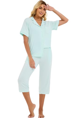 Image of LUBOT Womens Bamboo Viscose Pajamas for Women PJ Set 2 Piece Cooling Soft Short Sleeve Capri Pants Summer Sleepwear Set S-XXL
