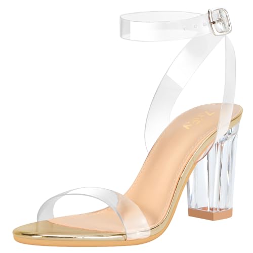 Image of ZriEy Clear Block Sandals Chunky Heels for Women 3.35 Inch Open Toe Adjustable Ankle Strap Pump Sandals for Weddings Parties Daily Wear