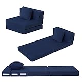 MeMoreCool Foldable Futon Chair Bed for Kids, Toddler Sofa Mattress with Pillow, Convertible Foam Floor Couch, Tri-Fold Sleeping Mattress (Navy)