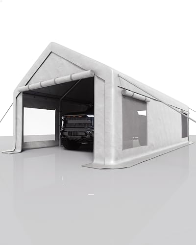 GarveeLife 13x25 ft Carport with 10 Sandbags, Car Port with 220 g PE Tarp, 2 Roll-Up Doors, and 4 Windows, for Full-Size Pickups, Bass Boats, Tractors, and SUVs, White