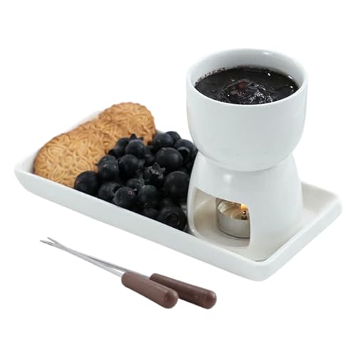 Service à fondue au chocolat et au fromage en céramique - 150 ml - Blanc - Chauffe-bougie - Avec 2 fourchettes et 1 assiette à dessert rectangulaire - Idéal pour le thé de l'après-midi