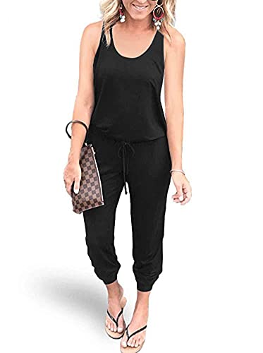 REORIA Damen Ärmellos Elastische Taille Jumpsuit mit Taschen Schwarz M