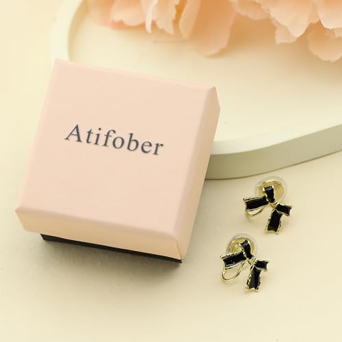 Aretes de moño negro con clip para mujer, pequeños elegantes miniatura 3