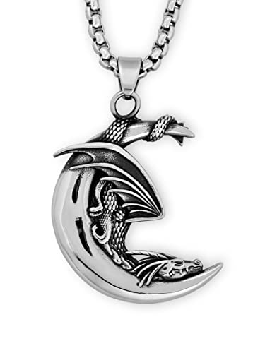 HAQUIL Dragon Necklace for Men, Stainless Steel Slumbering Dragon on Crescent Moon Pendant, Box Chain, Animal Totem Jewelry Gift