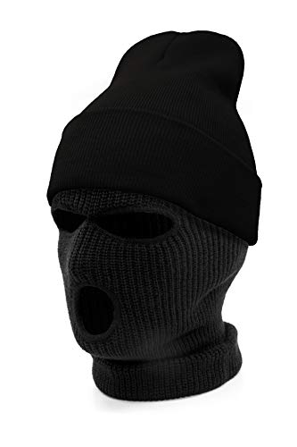 AcademyFits Quality Full Face Knit Ski Mask Beanie Men Women Unisex One Hole Three Hole Winter Headwear Face Mask Protection ((A) Black Ski/Black Beanie)