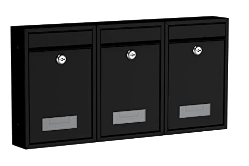 BASI | 3er Set Briefkasten | Wandbriefkasten Kompaktbriefkasten | DIN B5 | Namensschild jeweils 2 Schlüssel | Befestigungsmaterial | Briefkastenanlage | Stahlbriefkasten | Schwarz Matt | 3 Stück