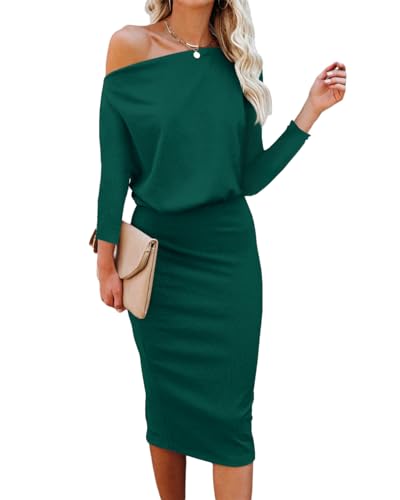 Ezbelle Off The Shoulder Dresses for Women Batwing 3/4 Sleeve HIPS Wrap Bodycon Dress Elegant Party Loose Clubwear Dark Green Small