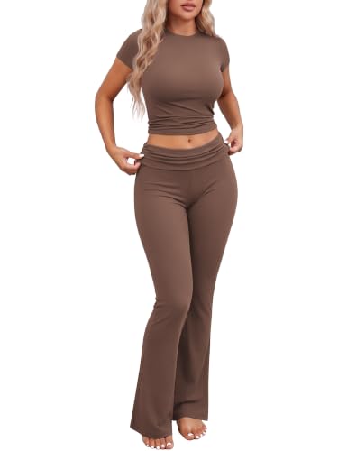 Image of Ekouaer Womens Pajama Set Short Sleeve Crop Top Foldover Flare Pants | Soft Comfy Stretchy, Summer Wear Fall Layer, High Waist Fold Waistband For Loungewear Yoga Daily Casual Wear