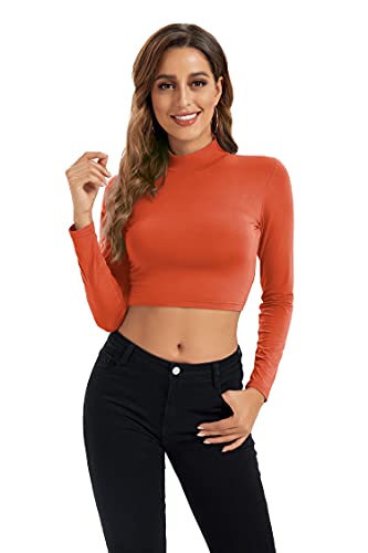 Image of Womens Long Sleeve Crop Tops Lightweight Mock Neck Base Layer Shirts