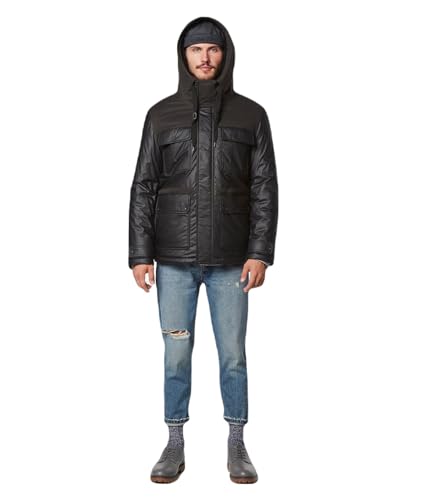 Andrew Marc Men's Short Fabric Blocked Parka with A Sherpa Lined Harrigan Hooded Cuff Tab with Adjustable Snap, Black