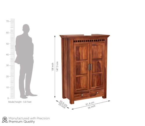 Image of Sheesham Wood Wardrobe with 2 Drawer and 2 Shelves Storage for Bedroom Wooden Almirah for Clothes for Living Room Bedroom Home, Solid Wood Furniture (Honey Brown)