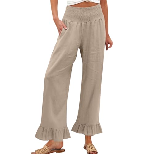 Image of Womens Linen Palazzo Pants Ruffle Hem Drawstring Boho Trousers Beach Travel Vacation Outfits