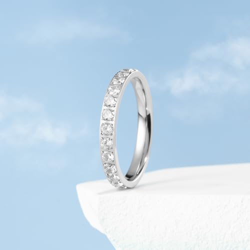 King Will CZ Simulate Diamond Stackable Rings for Women, Full Eternity Wedding Band, 3mm Titanium Silver/Gold/Rose Gold Plated Pink Cubic Zirconia Anniversary ring, Hypoallergenic & Comfort Fit3