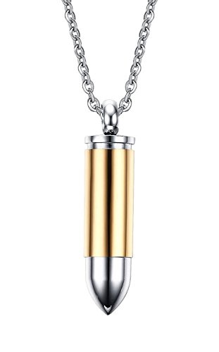 Stainless Steel Bullet Memorial Cremation Ash Urn Vial Tube Pendant Keepsake Necklace 22 Inch, Color Gold Silver