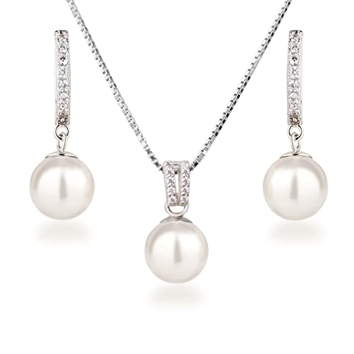 Schöner-SD Perlenset Halskette Creolen-Ohrringe 925 Silber Rhodium weiß Cover