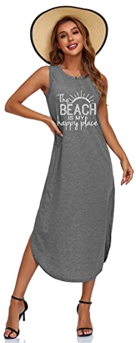 Image of Women's Casual Beach Summer Dresses Sleeveless Graphic Long Sundress Cover Up Dresses with Pocket Dark Grey X-Large
