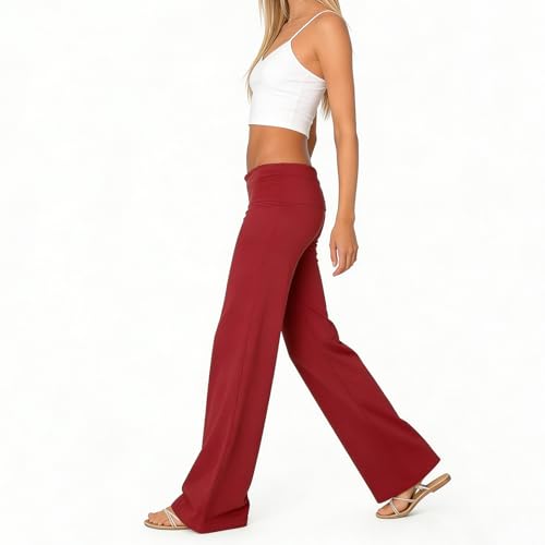 Image of Lounge Yoga Pants for Women Fold Over Low Waist Wide Leg Bell Bottoms | Y2K Foldover Pants, Flare Leggings, Low Rise Yoga Sweatpants