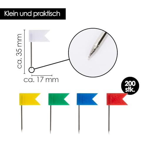 OfficeTree 200x Markierungsfähnchen Pinnwand Flagge - 5 Farben - Stecknadel Fähnchen für Weltkarte Pinnwand - Fähnchen Pins - Markierungsfahnen in praktischer Aufbewahrungsbox