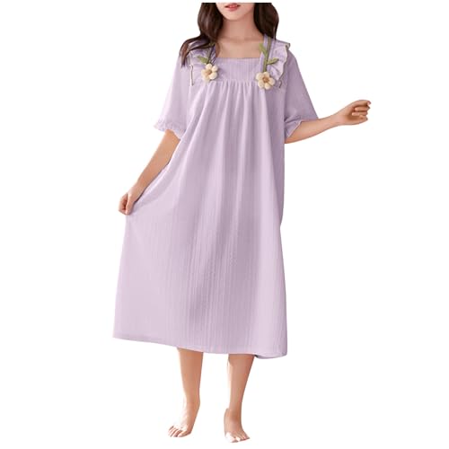 Girls Cotton Nightgowns Short Sleeve Square Neck Ruffle Dress Soft Comfy Cute Nightdress Sleepwear