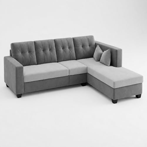 Image of FURNY Nathan 5 Seater L Shape Sofa Set RHS (Light Grey-Dark Grey) | Suede Velvet Finish | Durable Comfort Sofa for Modern Living Room & Office Spaces