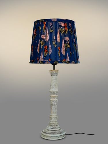 Image of Green Girgit Wooden Distress White Empire Lamp with Pleeted Multicolor Blue Leaf Lamp Shade