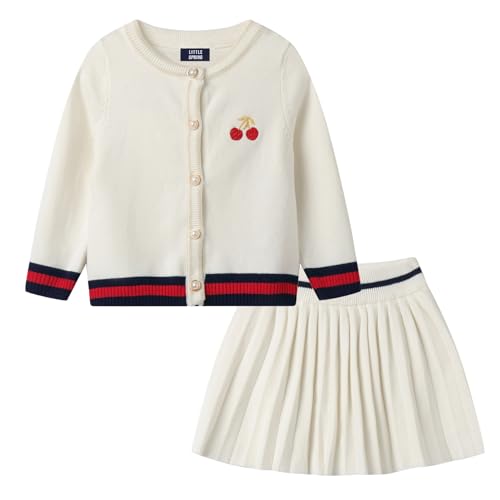 Image of LittleSpring Girls Knit Sweater Outfits Cherry Cardigan and Skirt Sets