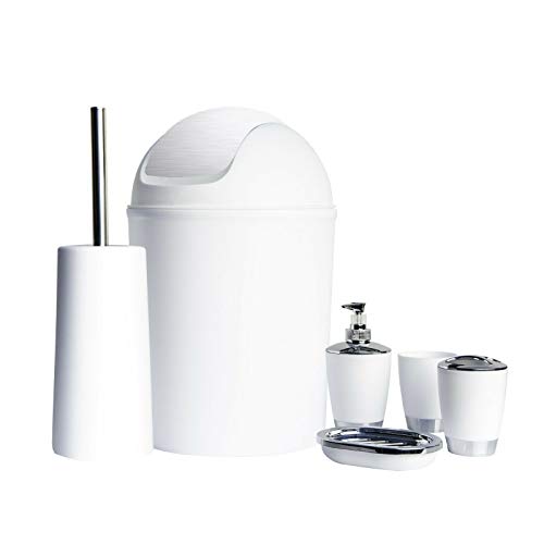 Bathroom Set 6pc Bathroom Accessories Set Bin Soap Dispenser Toothbrush Tumbler (White)