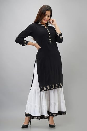 Image of Women Rayon Straight Golden Foil Printed Kurta with Palazzo || Kurti with Palazzo Set for Casual Party & Festival Wear in Round Neck with 3 /4 Sleeve for Girls