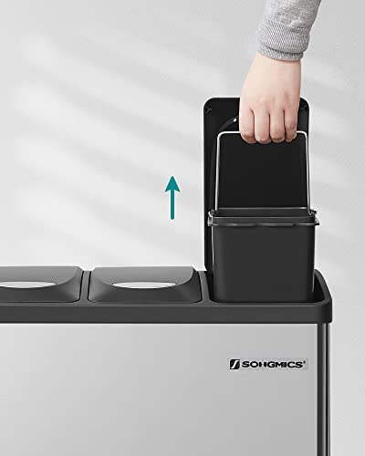SONGMICS Pedal Bin, 3 x 8 L Small-Capacity Metal Rubbish Bin, Trash Bin for Kitchen, Waste Separation and Recycling, Includes 15 Bin Bags, Steel, for Small Families, Silver LTB24L