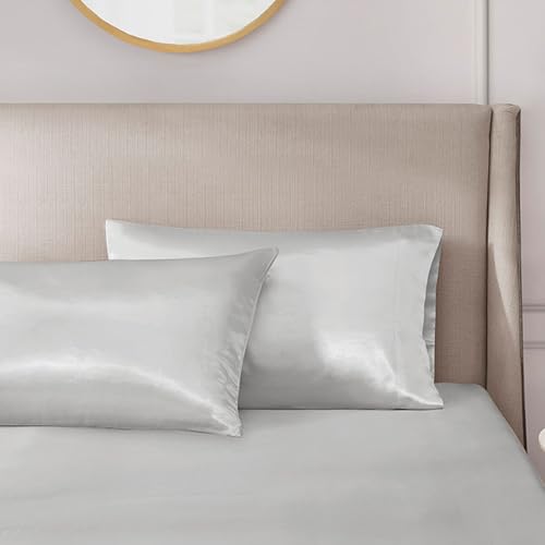 Image of Madison Park Essentials Set of 2 Satin Pillowcase for Hair & Skin, Luxuriously Soft, Silky with Natural Sheen Luster, Cool to Touch, Wrinkle-Free, Machine Washable, King Light Grey 2 Piece | Pillowcase Cover for Hair & Skin, Luxuriously Soft, Natural Sheen Luster, Cool to Touch, Wrinkle-Free, Machine Washable