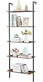 Tajsoon Large Bookcase, Industrial Ladder Shelf, 5 Tier Wood Wall Mounted with Metal Frame, Open Display Storage Shelves for Home, Office, Collection, Plant Flower, Rustic Brown & Black, 25.2''W