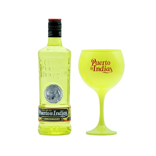 Puerto de Indias – Pack Ginebra de Limon Premium + Copa de Cristal Amarilla de Regalo – Pack Lemonberry Premium Gin – 70 cl – 37.5º
