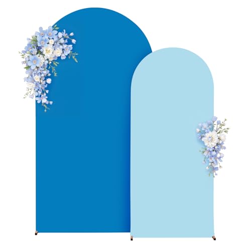 Image of Baby Blue and Royal Blue Photo Arch Backdrop Cover Set of 2 for Baby Shower Boy Party 7.2ft and 6ft Arch Covers Stretchy Backdrop Spandex Birthday Arch Stand Covers for Wedding Banquet Background